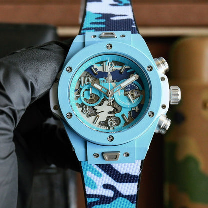 Chronograph - Baby Blue Carbon Fiber - Camouflage Rubber - Quartz - 45mm