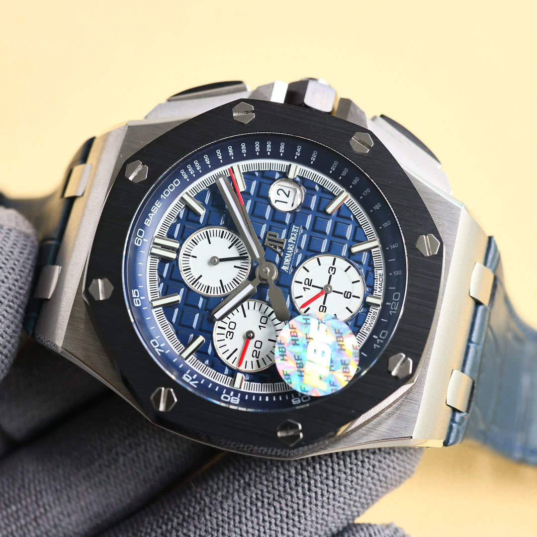 TOP! Blue Black Ceramic Bezel - Blue Leather - Automatic - 44mm