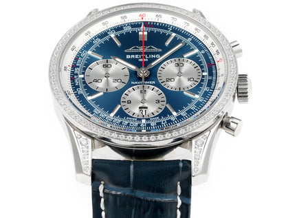 Chronograph - Rhinestone bezel - Blue White - N-Timer - Blue Leather - Automatic - 43mm